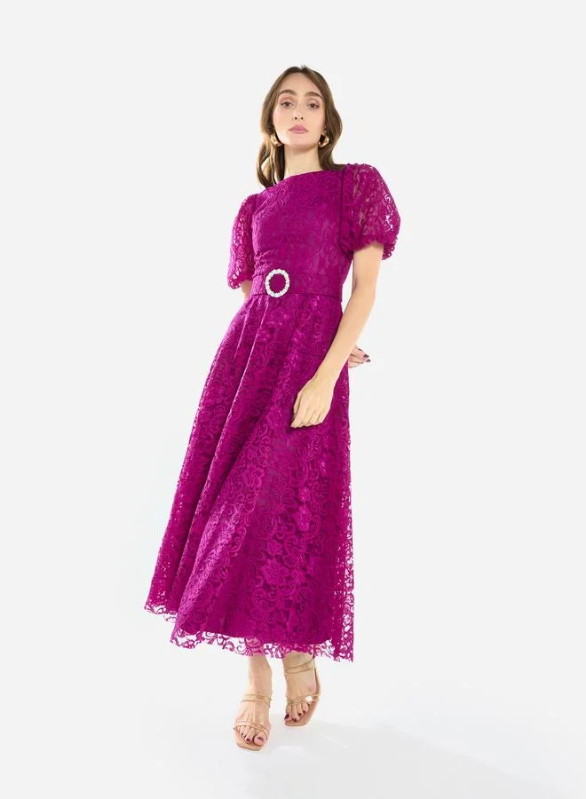 هاوس اوف مودا فستان ميدي بأكمام منفوخة ودانتيل بنمط زهور